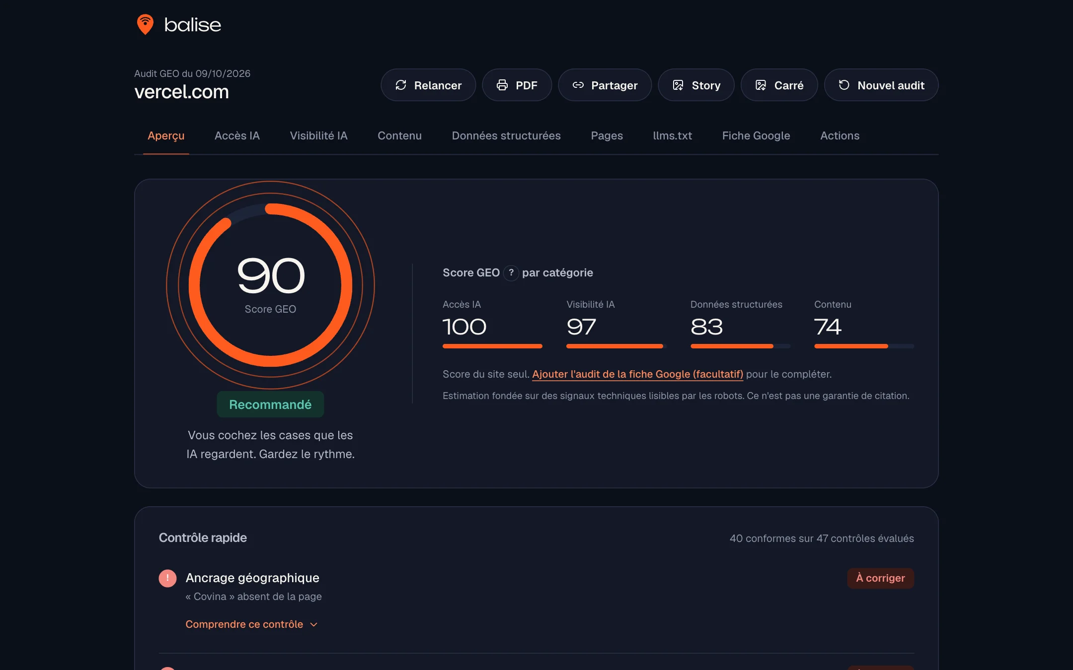 Balise : résultat d'un audit GEO, score sur 100, détail par catégorie et contrôle rapide