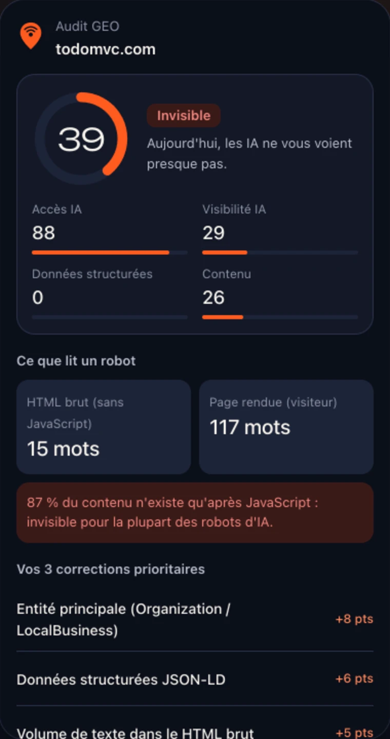 Fenêtre de l'extension Chrome Balise : score GEO, comparaison du HTML brut et de la page rendue